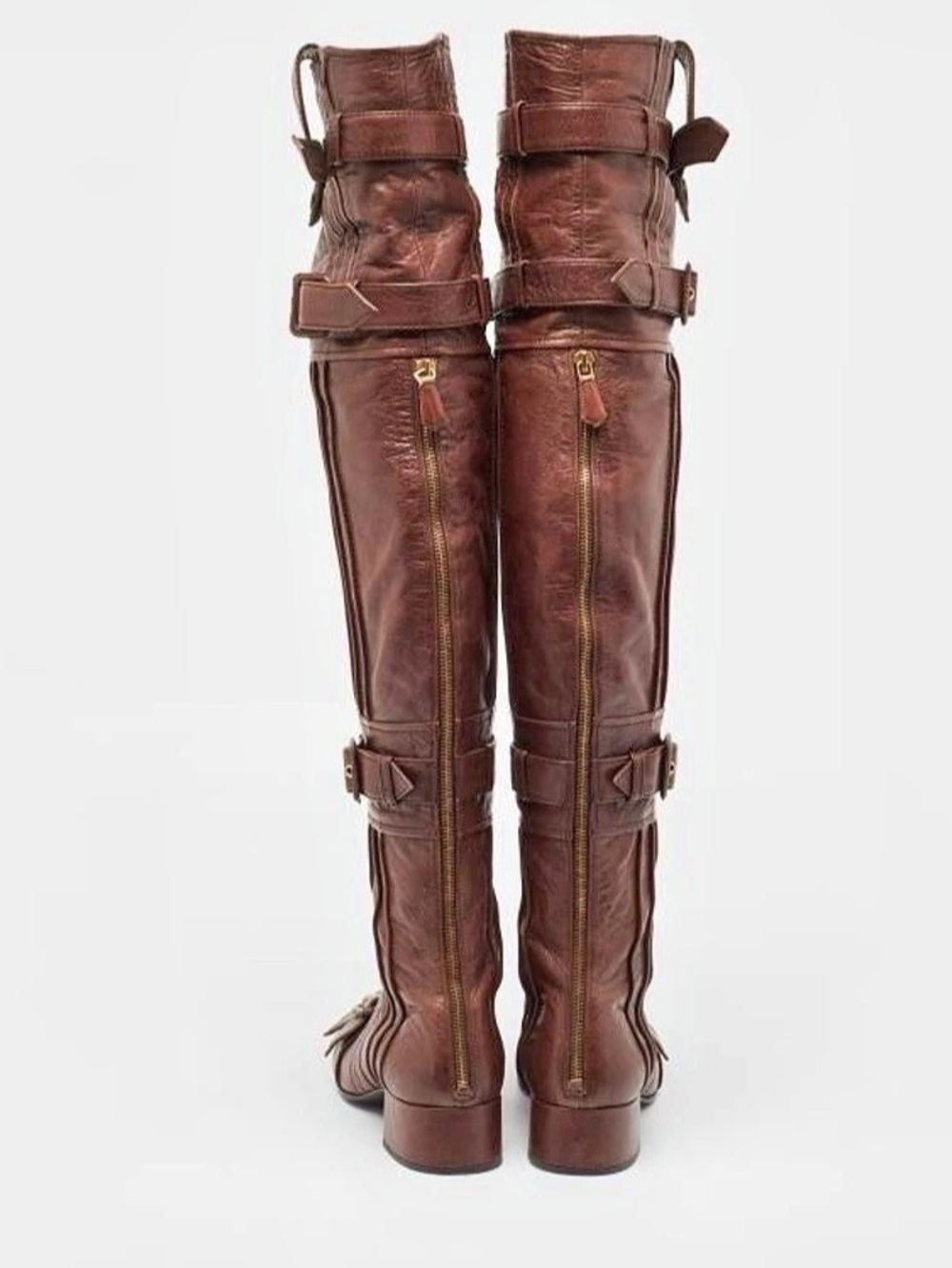 Runway Prada Capra Leather Over-The-Knee Tall Low Heel Boots Brown Size 37 EU - Picture 4 of 17